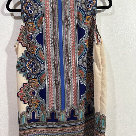 CYNTHIA ROWLEY Women Multi Print Chiffon Keyhole Tie at Neck Sleeveless Tunic L - Picture 6 of 7